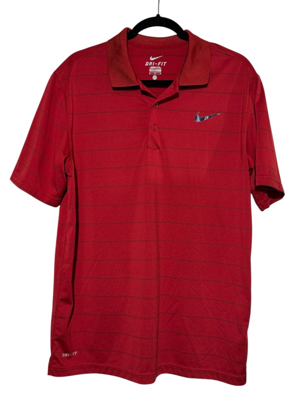 Nike Red Polo Men Size Medium Striped Golf Preppy Pickleball Athletic Dri Fit